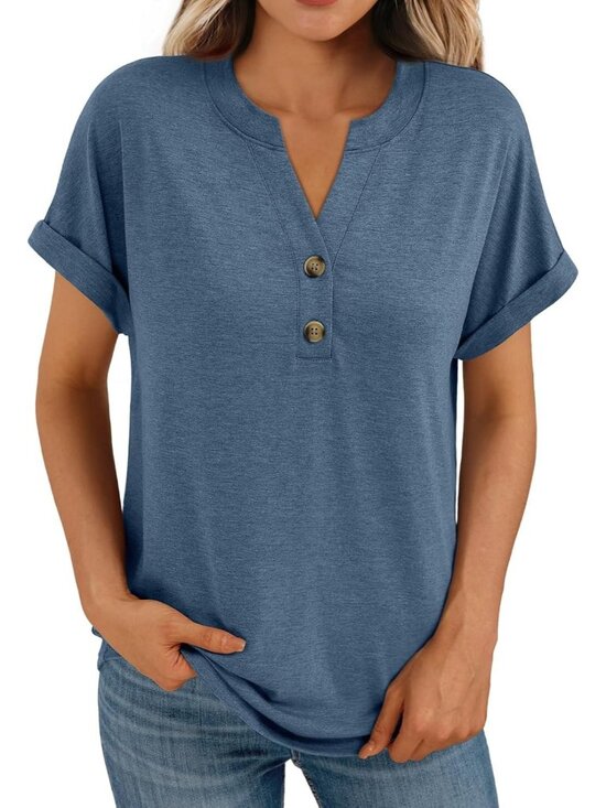 Tops - Women's Blue Summer Short Sleeve V Neck Button Up Casual Fashion Trendy T-Shirts